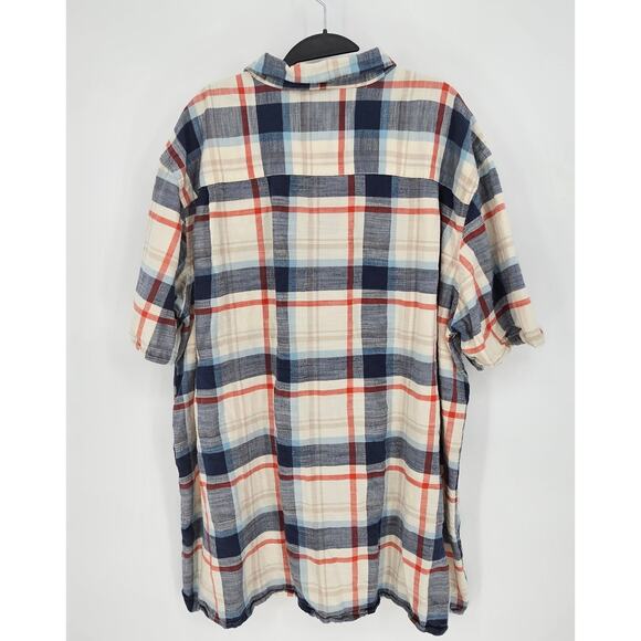 Mutual Weave Cream Navy Plaid Short Sleeve Casual Cotton Button Up Shirt 3XLT - Picture 2 of 6